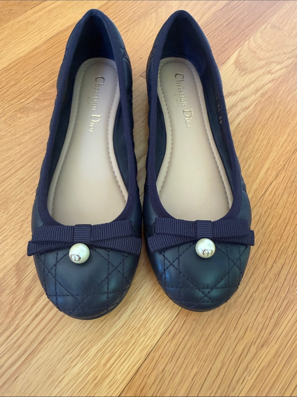 Dior Navy Quilted Ballet Flats with Bow and Pearl